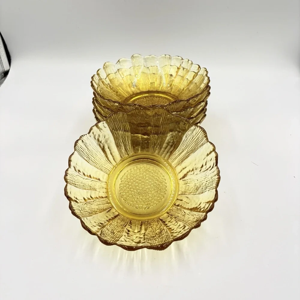 Vtg Indiana Glass Textured Amber Sunflower  Bowls‎ 6